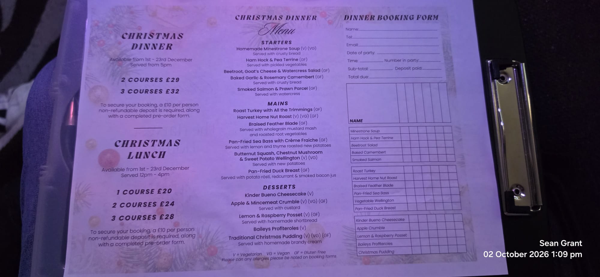 Xmas dinner menu